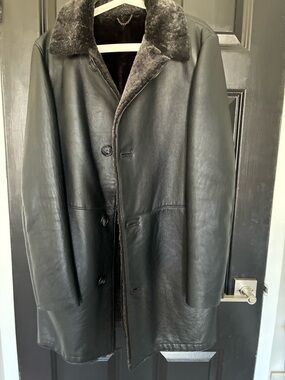 Men's Black Leather Shearling Peacoat